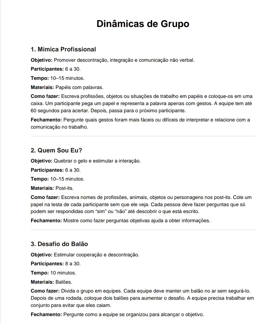 Página com dinâmicas de grupo detalhadas: objetivo, participantes, tempo e materiais